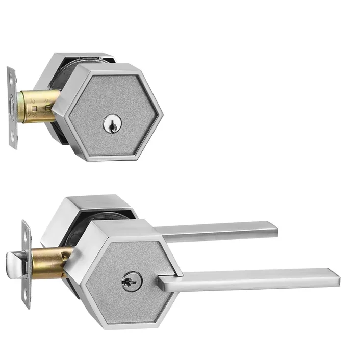 Berlin Modisch Zero Gravity Metro Series Entry Lever Door Handle Set And Single Cylinder Deadbolt Locking Lever Handleset [Front Door Or Office] Reversible Heavy Duty – Satin Nickel Finish