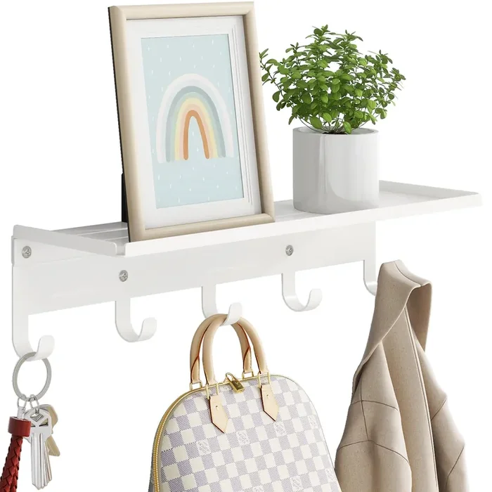 Bethom Shelf With Hooks, 17 Inch Coat Rack Wall Mount With 5 Hooks With Shelf, Metal Entryway Coat Hangers Storage Clothes, Bags, Purse, Keys For Living Room, Bedroom, White