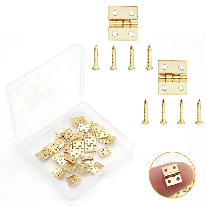 Biaungdo 24 Pcs Mini Brass Hinges, 180 Degree Rotation Miniature Furniture Hardware Cabinet Mini Hinges For Jewelry Box Closet Diy Accessories With Mounting Nails(10X8Mm, Golden)