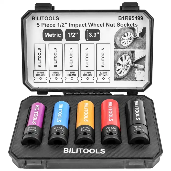 Bilitools 1/2 Inch Drive Impact Lug Nut Socket Set, 15 17 19 21 22 Mm Non-Marring Thin Wall Wheel Protector Nut Socket