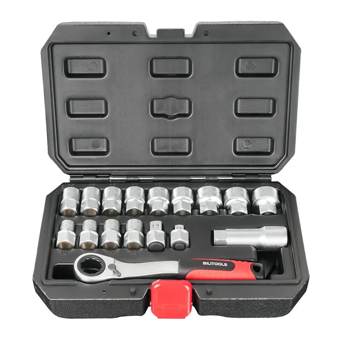 Bilitools 17-Piece Pass Through Socket Set, 3/8‘ & 1/2‘ Dr. Universal Pass Thru Go Through Ratchet Socket Wrench Mechanics Tool Set For Hex, Square, E-Torx, Spline Fasteners