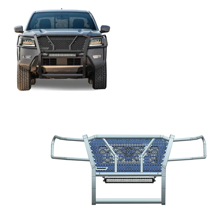 Black Horse Rugged Heavy Duty Grille Brush Bumper Guard Modular Black Come With 20‘ Double Row Led Light Compatible With 2022-2024 Nissan Frontier-Ru-Nifr22-B-K1