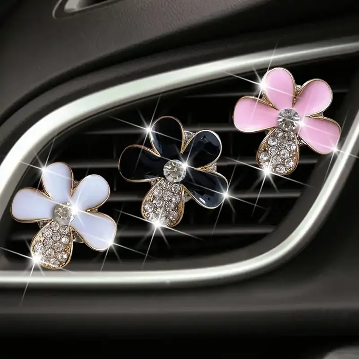 Bling Daisy Air Vent Clips, 3 Pcs Crystal Flower Car Air Fresheners Vents Clips Car Air Conditioning Outlet Clip Rhinestone Cute Car Interior Decoration Car Decor Charm Bling Car Accessories For Women (3 Pcs Bling Daisy)