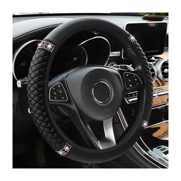 Bling Leather Steering Wheel Cover, Colorful Rhinestones Elastic Steering Wheel Protector, Pu Soft Leather With Crystal Diamond, Sparkling Car Accessories For Most Cars (Black)