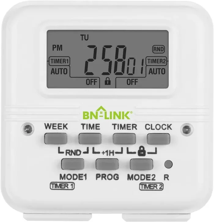 Bn-Link Digital Timer Outlet 7 Day Programmable Digital Outlet Timer With 2 Independent Outlets 3-Prong Mini Indoor Easy Set Stackable Plug-In For Lights Lamps Fans Accurate 8A/1000W 1/3Hp