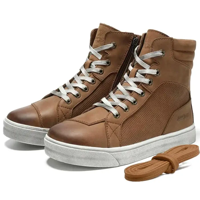 Borleni Leather Motorcycle Breathable Riding Shoes – Casual Outdoor Street Motorcycle Boots For Men Brown