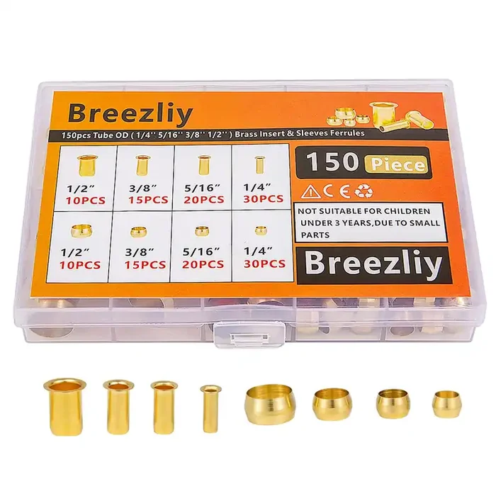 Breezliy 150Pcs Tube Od(1/4‘ 5/16‘ 3/8‘ 1/2‘) Brass Compression Sleeves Ferrules & Insert,4 Sizes Brass Compression Fitting Assortment Kit