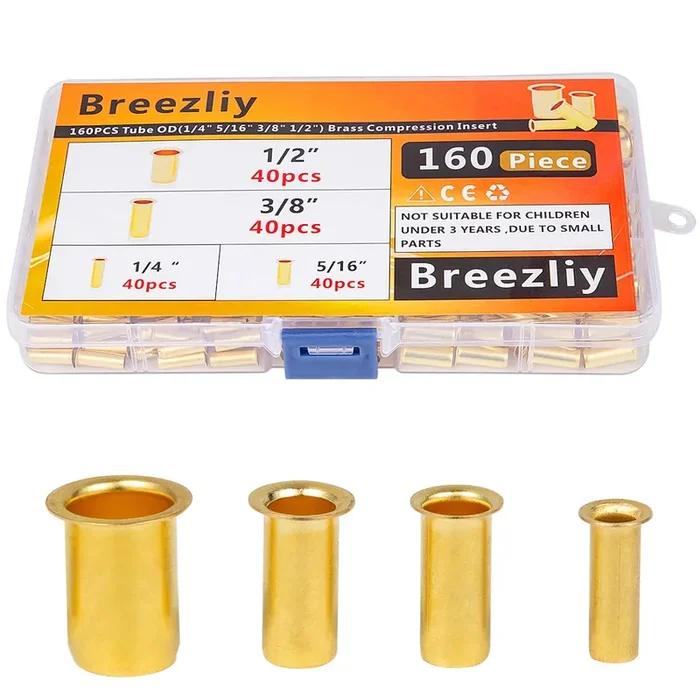 Breezliy 160Pcs Tube Od(1/4‘ 5/16‘‘ 3/8‘ 1/2‘) Brass Compression Insert,Brass Compression Fitting Assortment Kit, Insert Tube Support Compression Sleeve Fitting