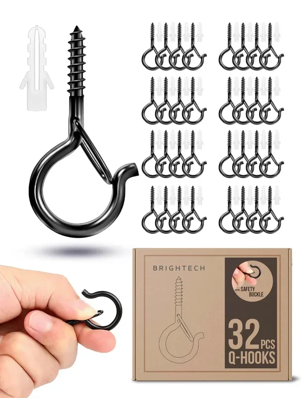 Brightech String Light Screw Hooks – Ceiling Hooks For Hanging Solar, Plug-In Lights, Outdoor String Lights – Q Hooks With Safety Buckle Design For Porch, Patio – 32 Pack, Black, Amb-Hks-32
