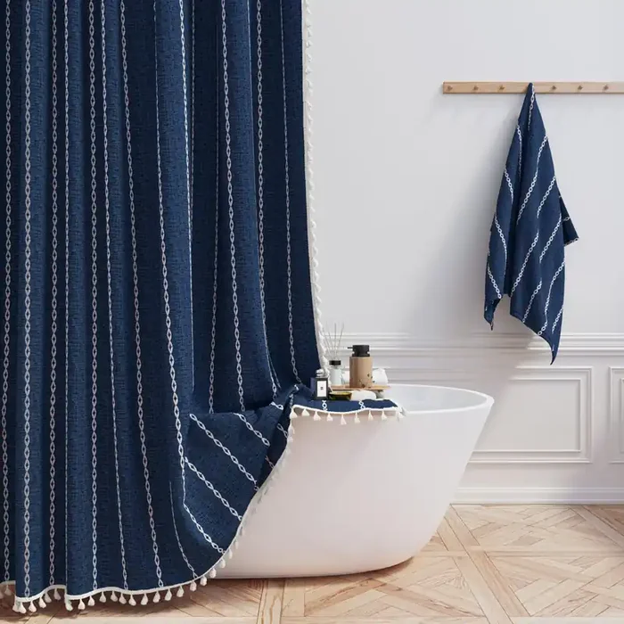 Bttn Boho Shower Stall Curtain – 36X72 Narrow Linen Ultra Thick Striped Tassel Fabric Shower Curtain Set With 6 Hooks, Half Modern Farmhouse Cottage Weighted Shower Curtains For Bathroom – Navy Blue