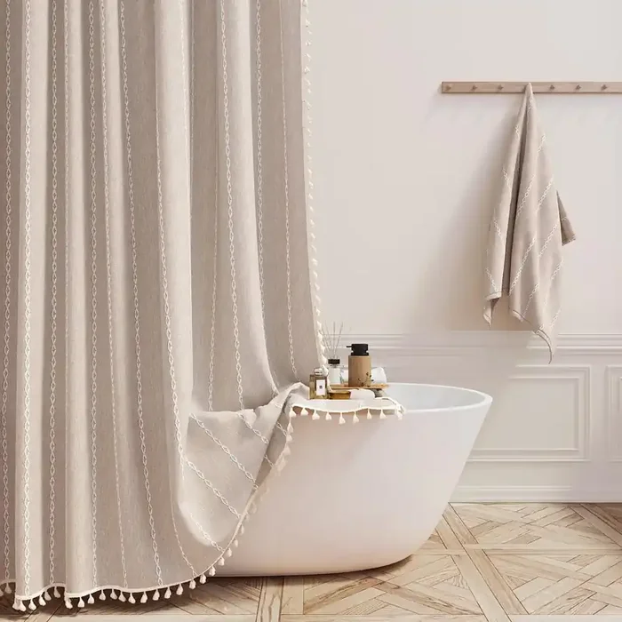 Bttn Boho Shower Stall Curtain – 48X72 Narrow Farmhouse Linen Ultra Thick Tassel Fabric Shower Curtain Set With 8 Hooks, Half Striped Camper Rv Modern Country Shower Curtains For Bathroom, Taupe/Tan