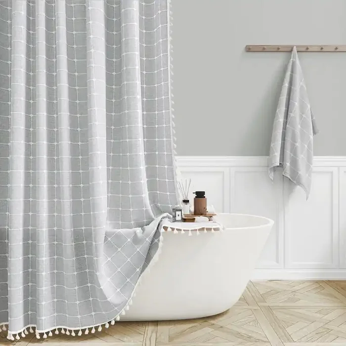 Bttn Extra Wide Shower Curtain – 108X72 Inch Boho Farmhouse Fabric Weighted Linen Shower Curtain Set With 18 Hooks, Large Country Hotel Neutral Waterproof Cloth Shower Curtains For Bathroom, Grey/Gray