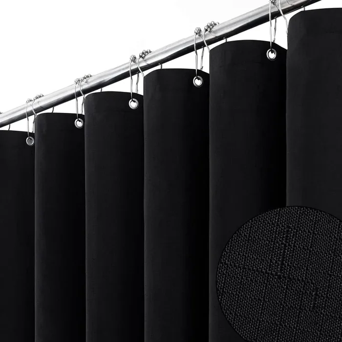 Bttn Stall Fabric Shower Curtain – 60X84 Inch Long Linen Textured Heavy Duty Shower Cloth Curtain Set With 10 Plastic Hooks, Narrow Decorative Neutral Waterproof Shower Curtains For Bathroom, Black