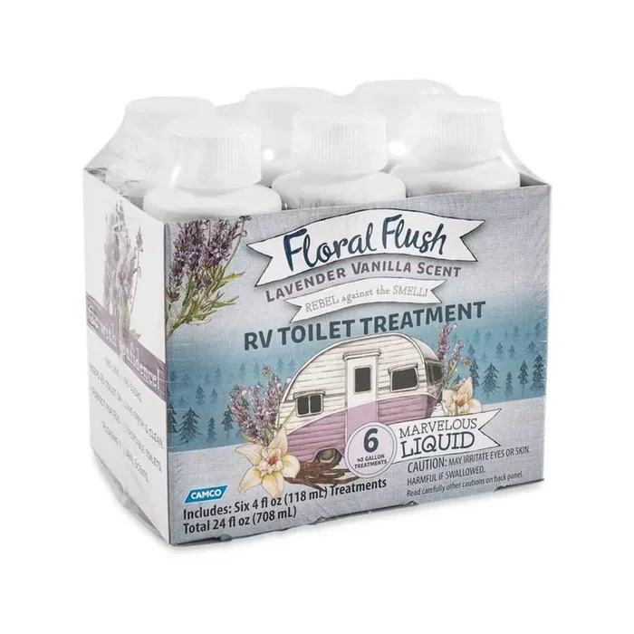 Camco 41480 Floral Flush Rv Toilet Treatment Singles, Lavender Vanilla Scent – Eliminates Odors And Breaks Down Waste – Each Bottle Treats Up To 40-Gallons – Contains (6) 4 Oz. Bottles