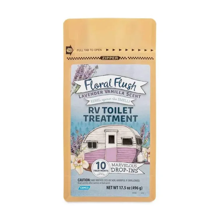 Camco 41490 Floral Flush Rv Toilet Treatment Drop-Ins, Lavender Vanilla Scent – Eliminates Odors And Breaks Down Waste – One Drop-In Treats Up To A 40-Gallon Tank – (10) Drop-Ins Per Bag