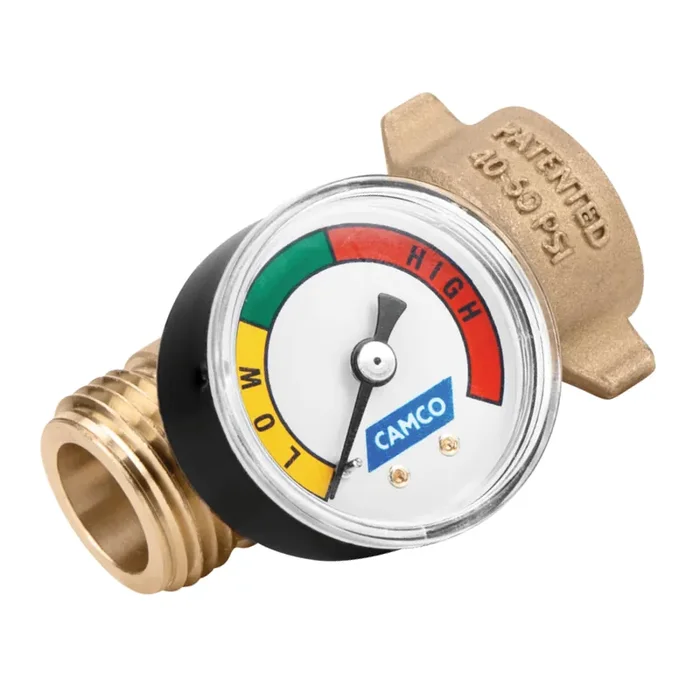 Camco Brass Water Pressure Regulator With Gauge- Helps Protect Rv Plumbing And Hoses From High-Pressure City Water – Easy Read Gauge (40064)