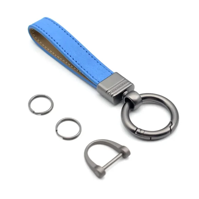 Car Fob Key Chain Genuine Leather Keychains Holder For Men And Women, 360 Degree Rotatable, With Anti-Lost D-Ring, Circle Carabiner And Key Rings, Blue