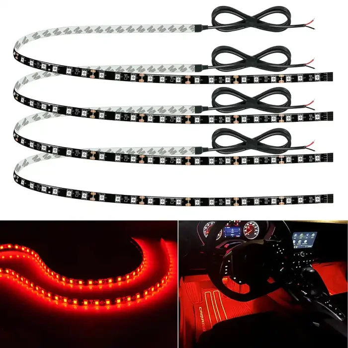 Car Led Strip Lights 24‘ Connectable Red 12V Led Light Strip For Cars Golf Cart Boat Marine Motorcycle Interior & Exterior Waterproof Led Strip, 4Pack