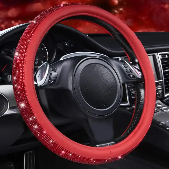 Car Pass Bling Diamond Leather Steering Wheel Cover, With Bling Sparkly Crystal Glitter Rhinestones Universal Fit 14 1/2-15 Car Wheel Protect For Women Girl Fit Suvs,Vans,Sedans,Cars,Trucks, Red