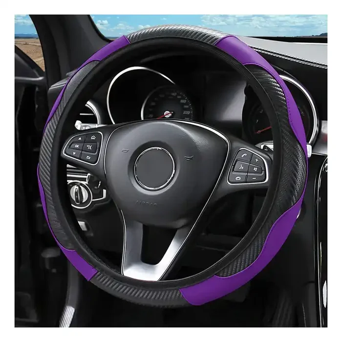 Car Steering Wheel Cover, Microfiber Pu Leather Elastic Carbon Fiber Auto Steering Wheel Protector, 15 Inch Breathable Anti-Slip For Women Men, Car Interior Accessories For Most Cars (Black/Purple)