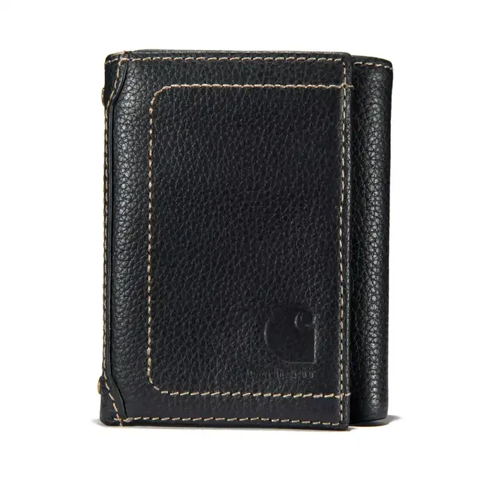 Carhartt Men‘S Trifold, Durable Wallets, Available Canvas Styles, Pebble Leather (Black), One Size
