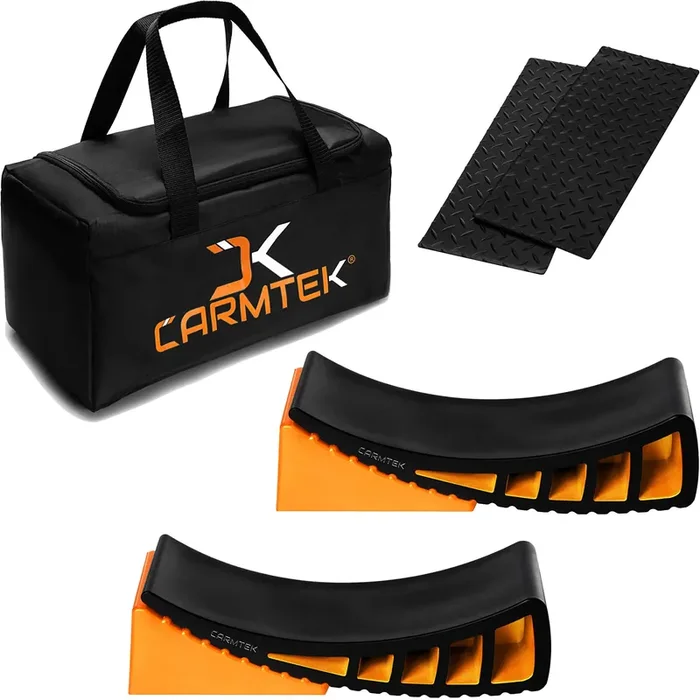 Carmtek Camper Leveler Premium Kit – Curved Rv Levelers With Camper Wheel Chocks, Rubber Mats And Carry Bag Faster Camper Leveling Than Rv Leveling Blocks