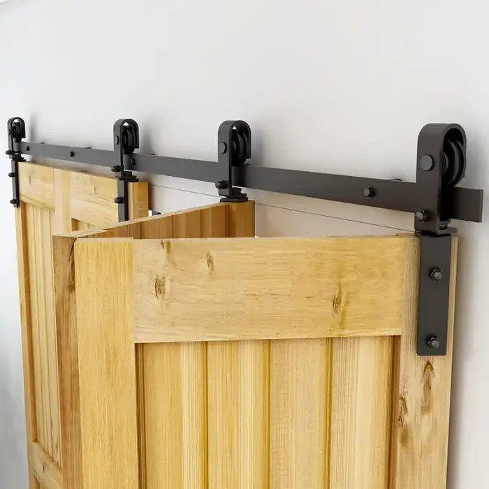 Ccjh 108‘ Bi-Folding Sliding Barn Door Hardware Kit For 4 Doors,Slide Smoothly Quietly,Black Track J Shape Roller,No Door