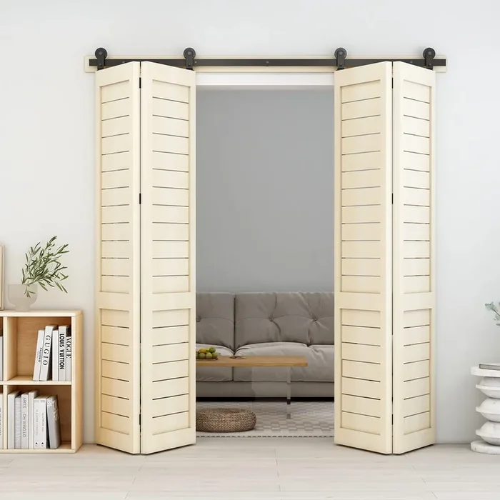 Ccjh 68‘ Bi-Folding Sliding Barn Door Hardware Kit For 4 Doors,Slide Smoothly Quietly,Black Track Top Mount Roller,No Door