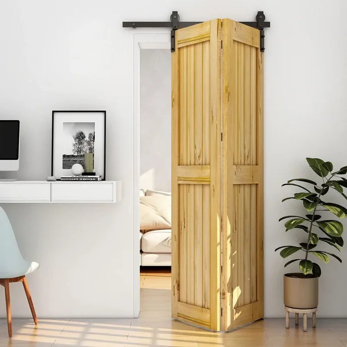 Ccjh 72‘ Bi-Folding Sliding Barn Door Hardware Kit For 2 Doors,Slide Smoothly Quietly,Black Track J Shape Roller,No Door
