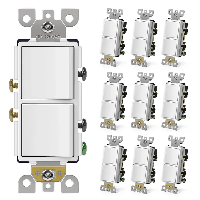 Cml Double Paddle Rocker Decorator Light Switch, Single Pole Dual Self-Grounding On/Off Interrupter, 15 Amp Electrical In-Wall Switches, Ul Listed, 10 Pack, White