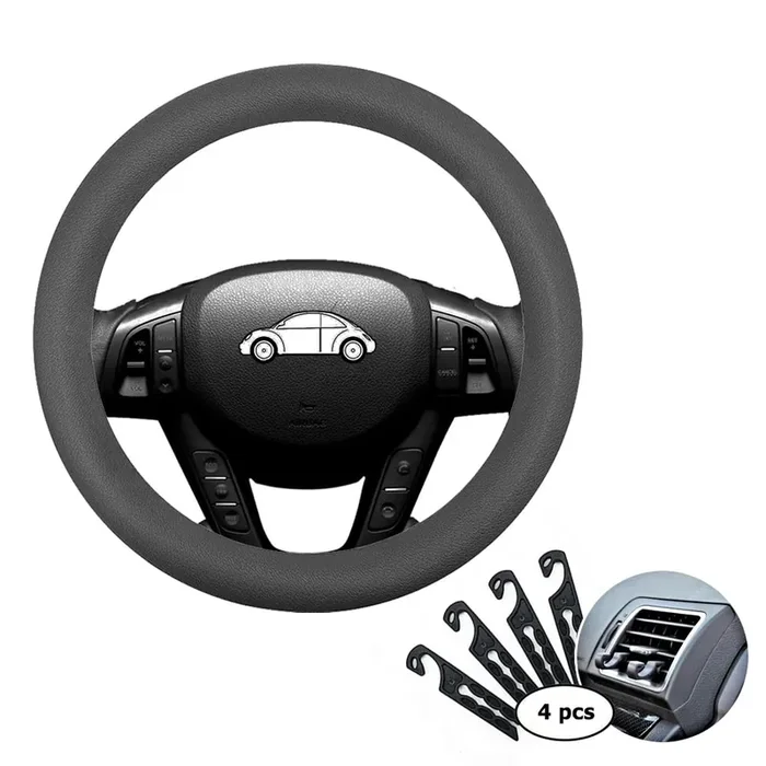 Cnymany Direct Silicone Auto Car Steering Wheel Cover 13‘-15‘ / 33-38Cm, With 4 Pcs Air Vent Hook – Gray