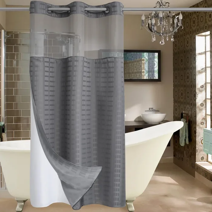 Conbo Mio Hotel Style Fabric Shower Curtain With Snap In Liner For Bathroom Machine Washable Waterproof Repellent Shower Curtain(Check-Grey,36‘(W) X 74‘(H))