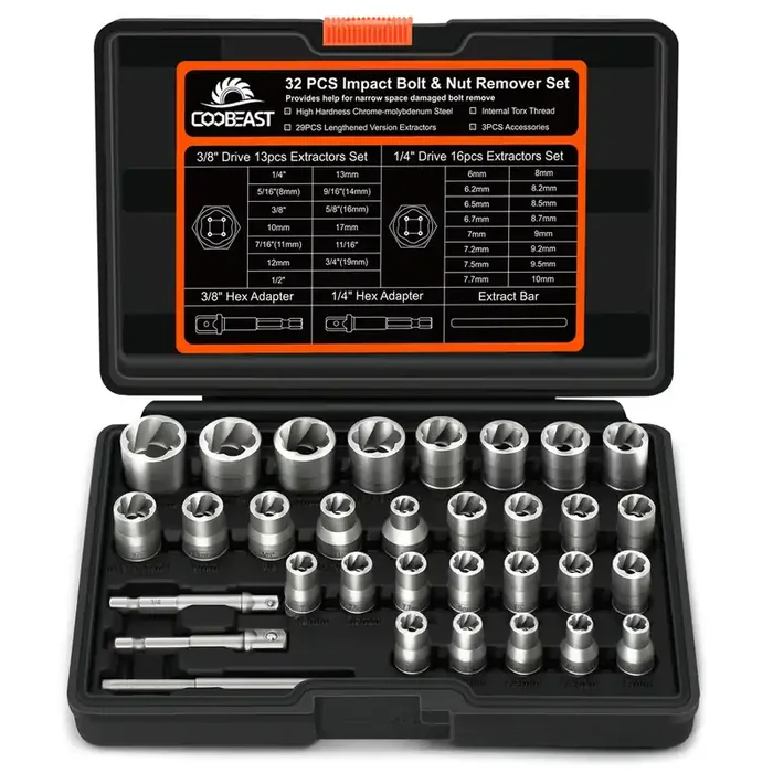 Coobeast Bolt Extractor Kit, 32Pcs Impact Bolt & Nut Remover Set, Stripped Bolt Extractor Socket Set For Damaged, Frozen, Rusted, Rounded, Broken Bolts Nuts Screws Remove