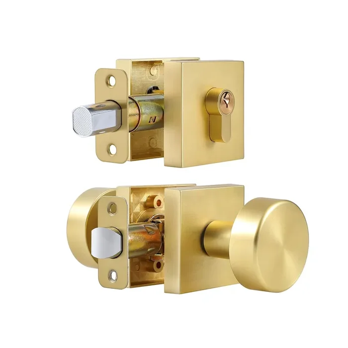 Coolnews Gold Door Knob And Single Cylinder Deadbolt Set, Exterior Door Knobs With Lock And Deadbolt, Stain Brass Finish