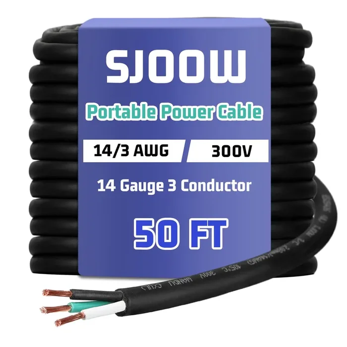 Copkim 14/3 Awg 50 Ft Portable Power Cable Sjoow 300V Electrical Wire Pure Copper Heavy Duty Rubber Outdoor Extension Cord For Motor Machinery Marines Automotive