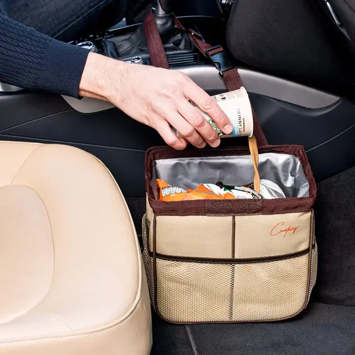 Creathing Car Trash Can Foldable, Waterproof Organizer Bag Or Garbage Can For Console/Seat (Medium, Beige)