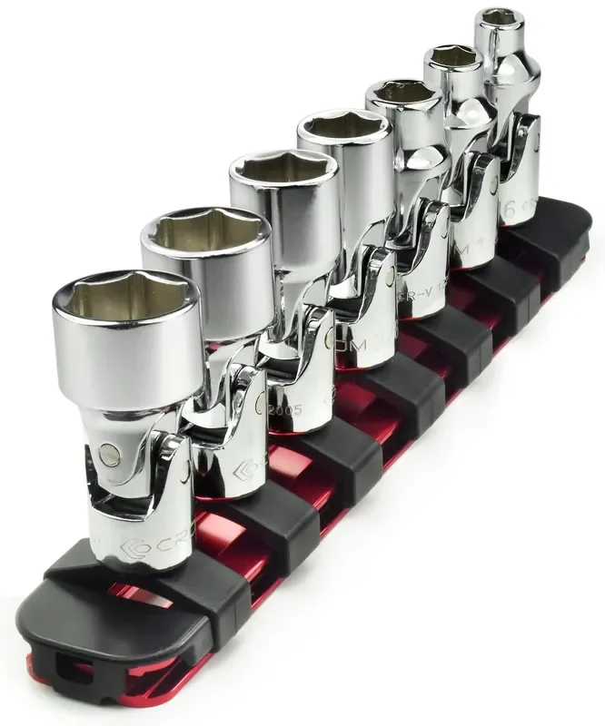 Crom Universal Flex Socket Set – 6-Point Swivel Socket Set – Swivel Joint For Easier Access To Tight Spaces – Aluminum Socket Storage Rail Included (1/4‘ Dr. 7Pcs Sae Set)