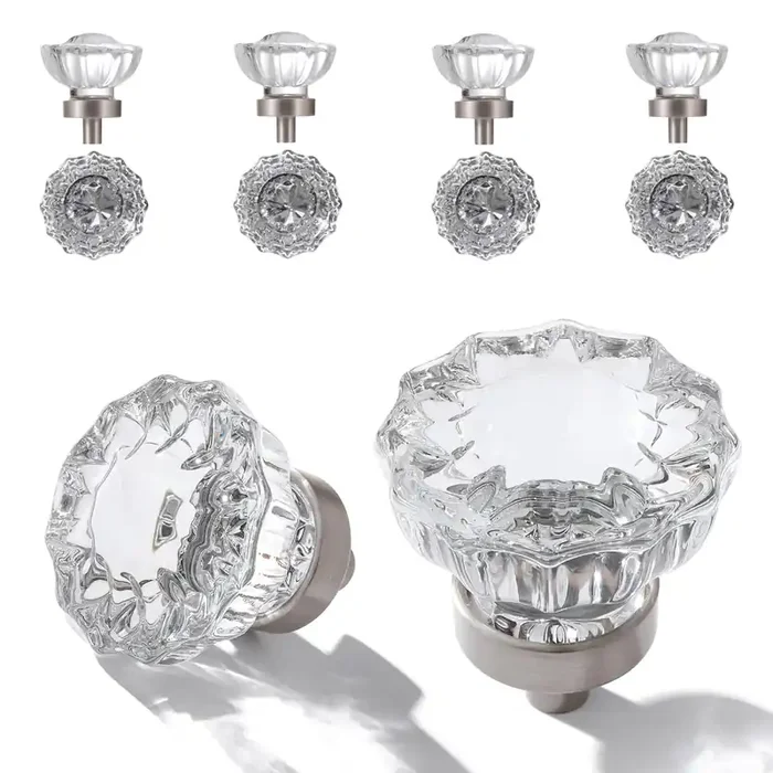 Crystal Cabinet Knobs 8 Pack Clear Glass Pulls For Kitchen Bedroom Bathroom Living Room Furniture, Brushed Nickel Silver Base Old Style Cabinets Closet Dresser Drawers Cupboard Handles Accessories