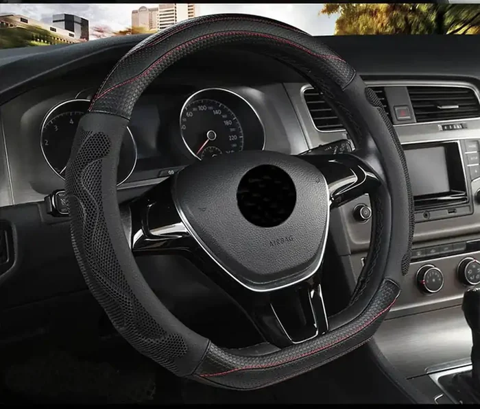 D Cut Steering Wheel Cover – D Shaped Flat Bottom Microfiber Leather Anti-Skid Breathable Fit 14.5‘-15‘ (Black)