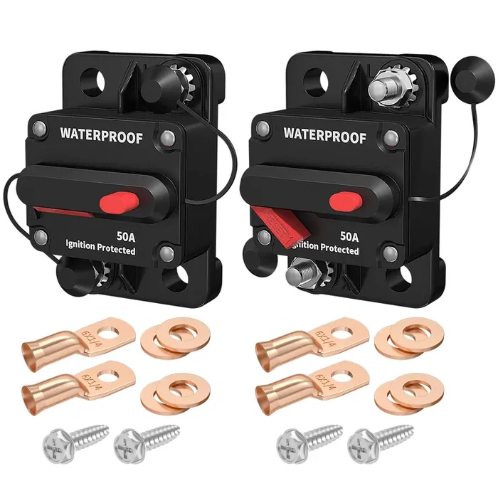 Daiertek 50 Amp Circuit Breaker, Waterproof Marine Circuit Breaker 12V 24V 48V Resettable Inline Fuse Switch, 12 Volt 50A Breaker For Boat Trolling Motor Car Automotive -2Pack