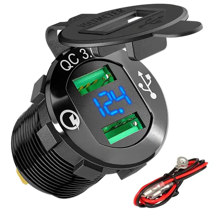 Daiertek Quick Charge 3.0 Usb Charger Socket Car Aluminum Waterproof Dual Power Outlet Fast Charger With Blue Led Voltmeter & Wire 10A Fuse For 12Vdc/24Vdc Automotive Boat Marine Atv Truck