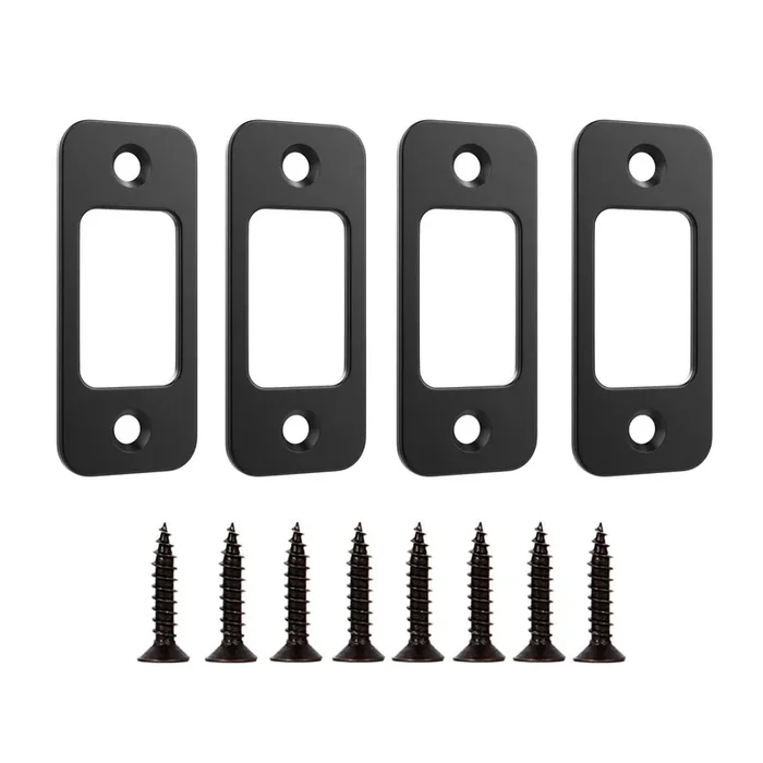 Deadbolt Strike Plate Door Backplate 1‘ X 2-1/4‘ Round Corner (Matte Black) With Screws 1-3/8‘ – 4 Pack