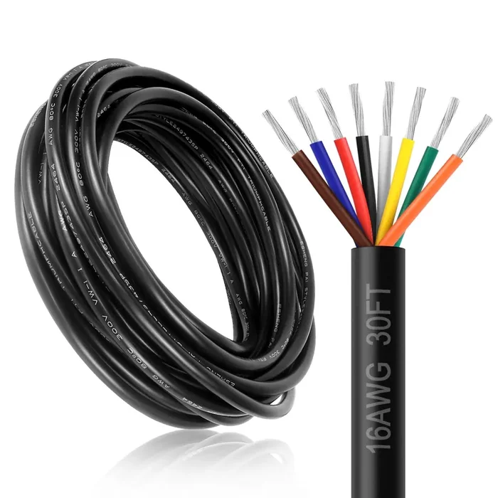 Dekievale 16 Gauge 8 Conductor Electrical Wire, 30Ft 16Awg Black Pvc Stranded Tinned Copper 8 Wire Cable, 16/8 Cord Extension Cable