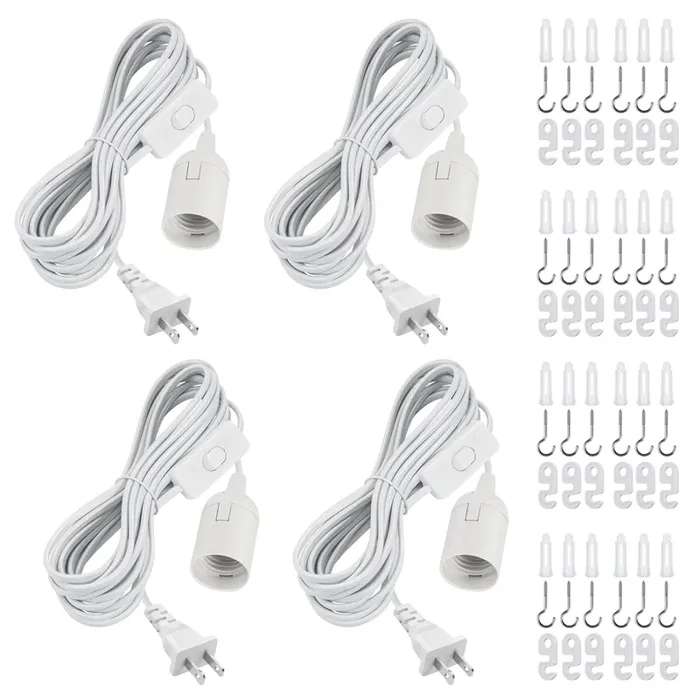 Dicuno Hanging Lantern Extension Cord Cable, E26/E27 Pendant Light Socket On Off Inline Cord Switch Control Lamp, Switch Close To Polarized Plug, 20 Feet (6M), White, 4-Pack
