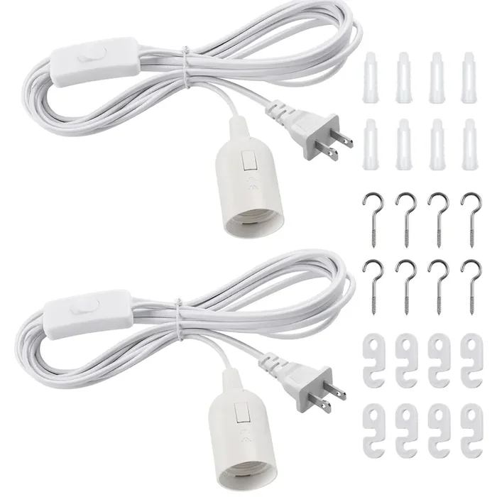 Dicuno Hanging Lantern Extension Cord Cable, E26/E27 Pendant Light Socket On Off Inline Cord Switch Control Lamp, Switch Close To Polarized Plug, 13 Feet, White, 2-Pack
