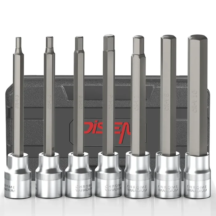 Disen 7 Piece 3/8‘ Drive Extra Long Allen Wrench Hex Bit Socket Set With Portable Storage Case, Hex Head In Metric Size 3-10Mm, Chrome Vanadium Steel & S2 Alloy Steel