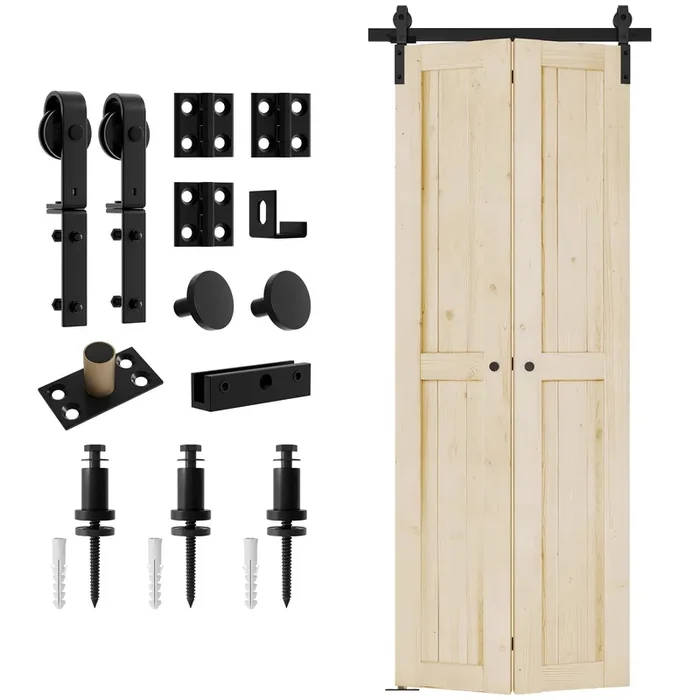Donyoung 36‘‘ X 84‘‘ Bi-Fold Barn Door With Sliding Hardware Kit Set, 2 X 18In Door Panel With One-Piece 40‘‘ Track, Pre-Drilled Bi-Folding Barn Door Slab-Ready For Painting, Natural Spruce