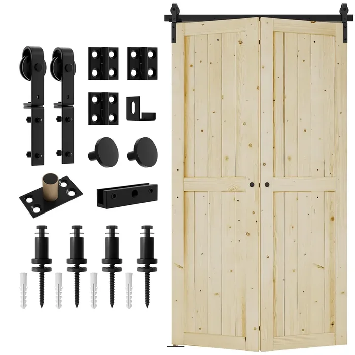 Donyoung Bi-Fold Sliding Barn Door 48‘ (24‘ X 2) X 84‘ With Sliding Hardware Kit Set, One-Piece 4.3Ft Track For 2 Bi-Folding Doors, Pre-Drilled Bifold Barn Door Slab-Ready For Painting, Natural Spruce