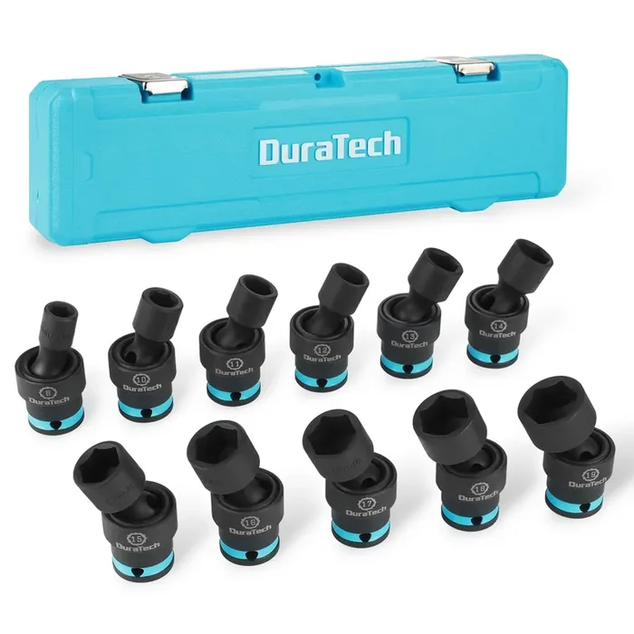 Duratech 3/8″ Drive Impact Swivel Socket Set, 11-Piece Shallow Wobble Socket Set, Metric Socket Set With Flexible Wobble, Cr-Mo Steel, 6 Points, Organized In Sturdy Storage Case(8-19Mm)
