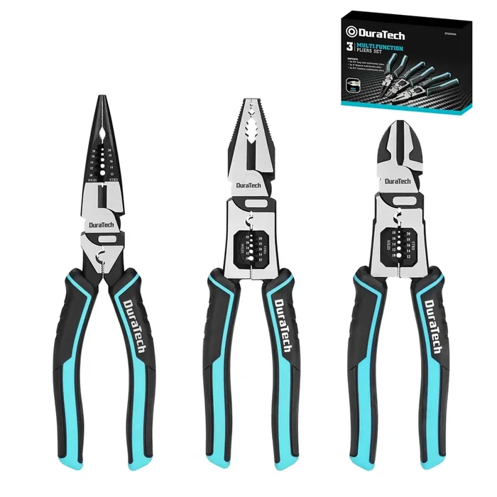 Duratech 3Pcs Pliers Set, Large 6 In 1 Multifunctional Wire Stripper Crimper Cutter, 8.5″ Long Nose Pliers, 8.5″ Linesman Pliers, 8″ Diagonal Side Cutting Pliers